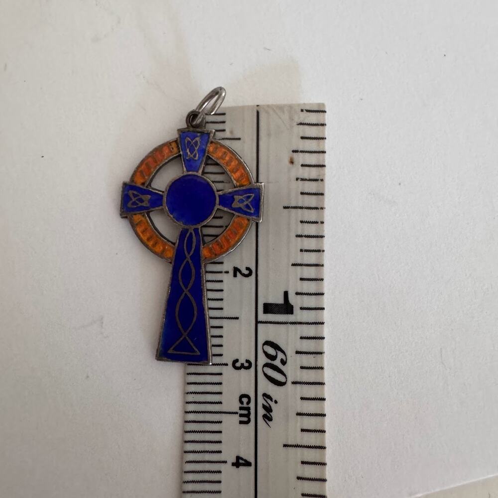 Vintage Sterling Silver Blue Orange Enamel Celtic Cross Pendant Made England 2g - Picture 5 of 6